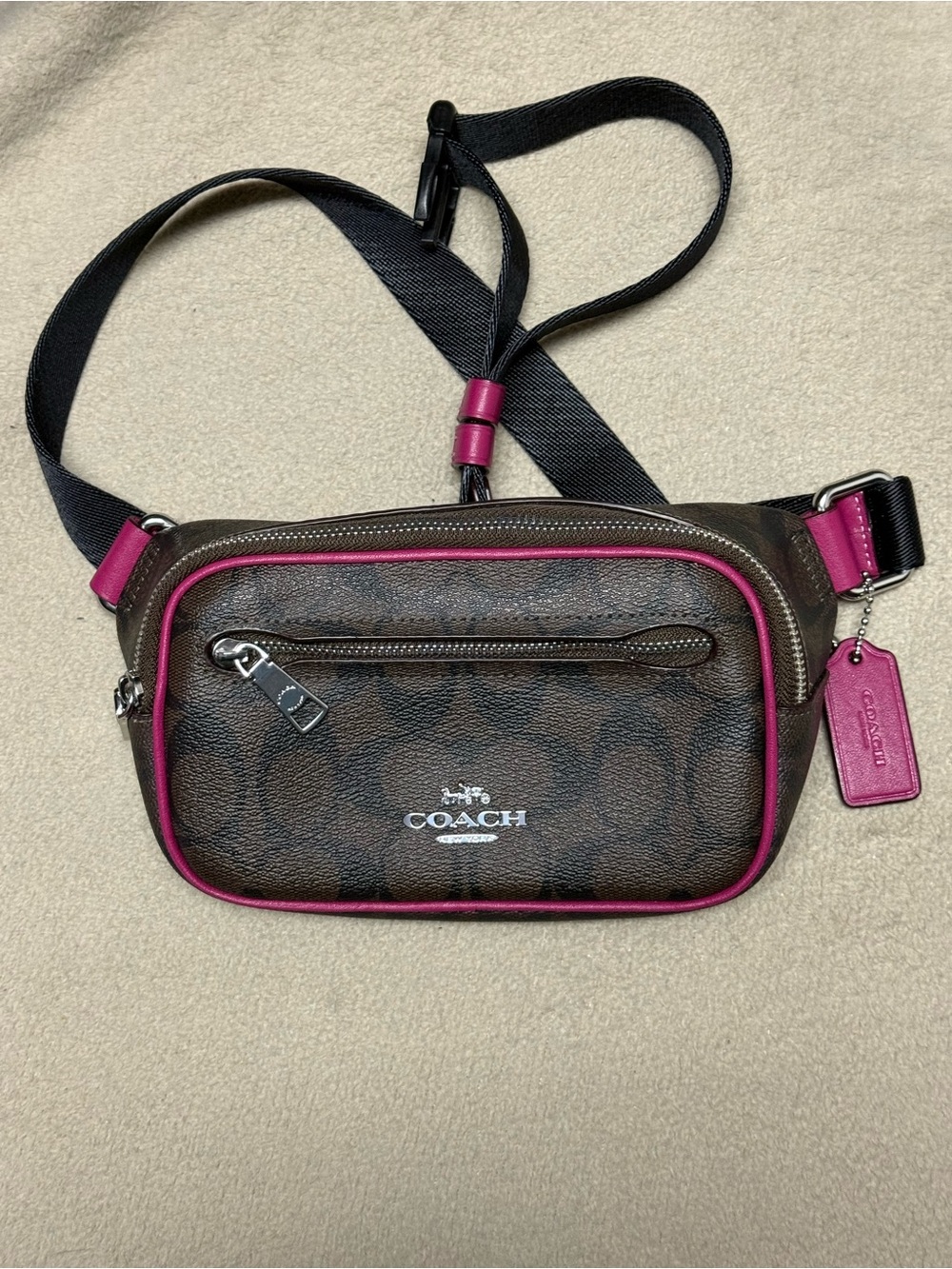 Authentic COACH Elias Mini Signature Monogram Fanny Pack Brown Black Pink